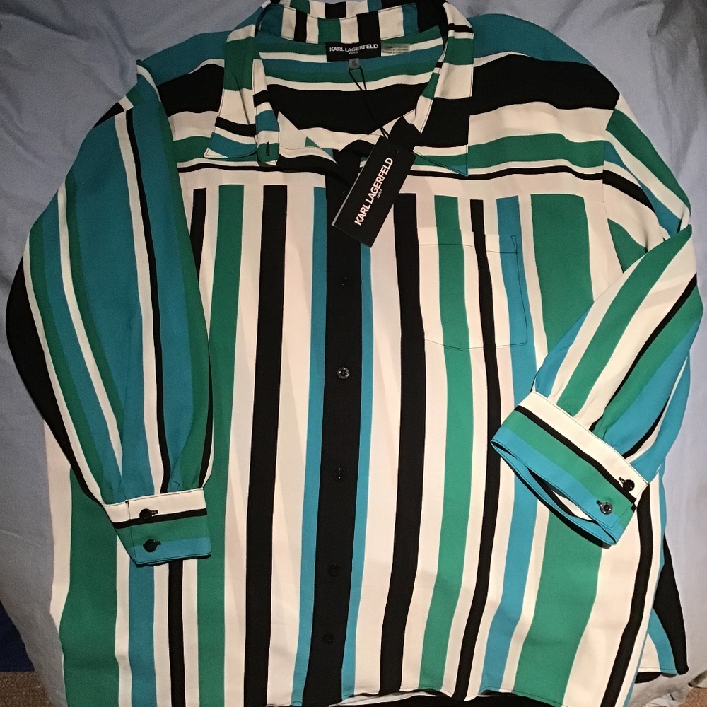 Karl Lagerfeld Teal Black White Striped Button-Down Shirt